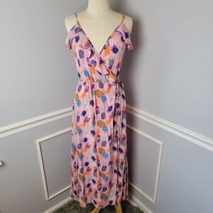 KYNNARY Pink Pineapple Print‎ Cold Shoulder Boho Summer Wrap Maxi Casual Dress